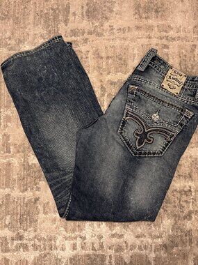 Rock Revival Zayne Bootcut Jeans Men Size 34 Blue Acid Wash Studded Y2K Vintage